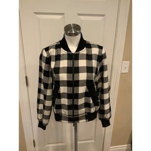 Milly Black & White Buffalo Plaid Wool Zip-Up Bomber Jacket, Size Small